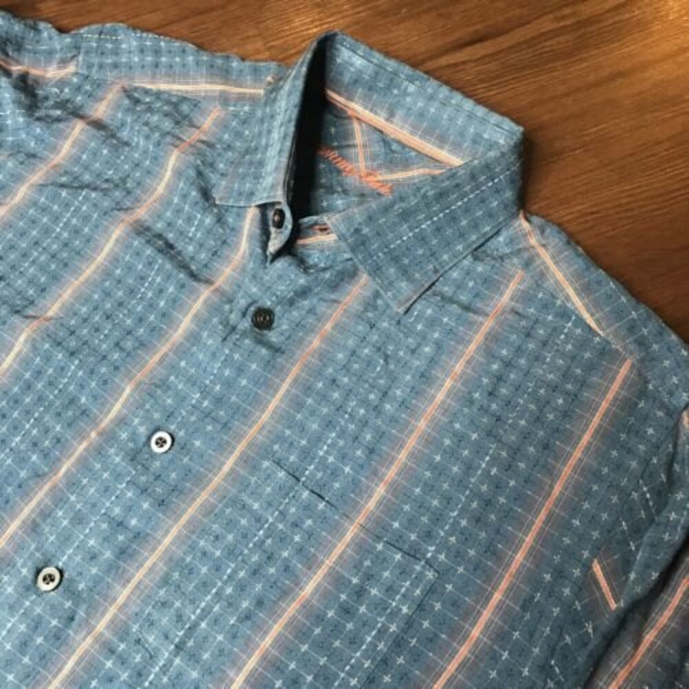 Tommy Bahama 100% Silk Blue and Orange Patterned Button Down Shirt Size Medium
